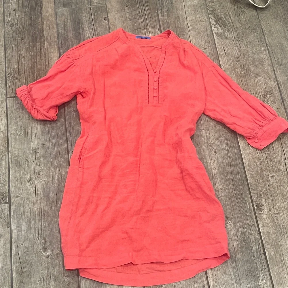 J. Mclaughlin Nylee Linen Mini Dress 3/4 sleeve Pockets Coral dress - Picture 2 of 7
